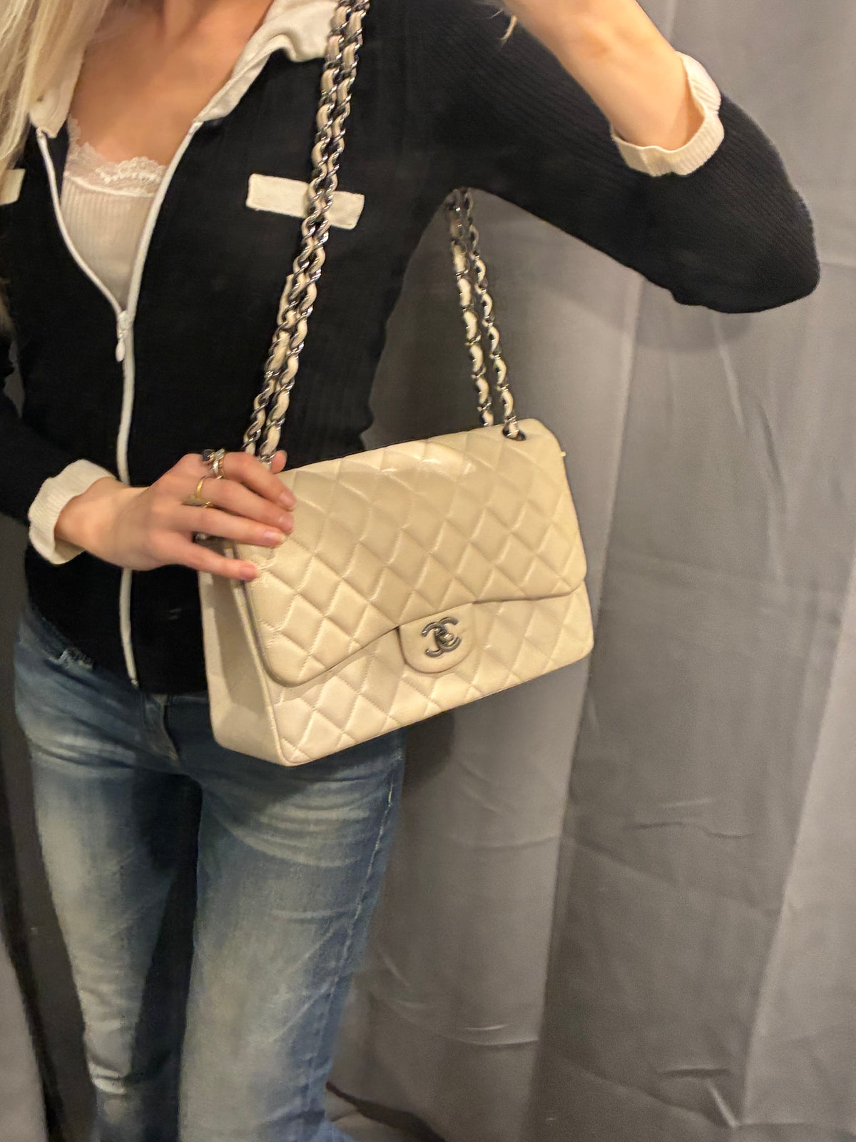 Chanel Classic Double Flap – Jumbo - Beige Lambskin & Dark Silver Hardware