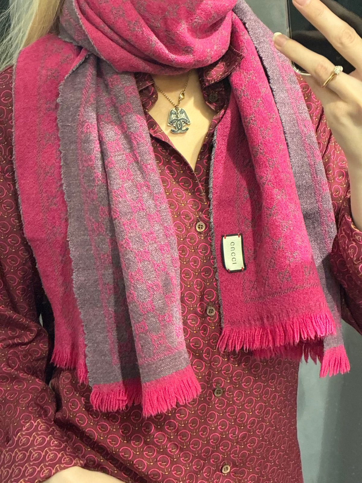 Gucci Monogram Scarf - Grey & Pink
