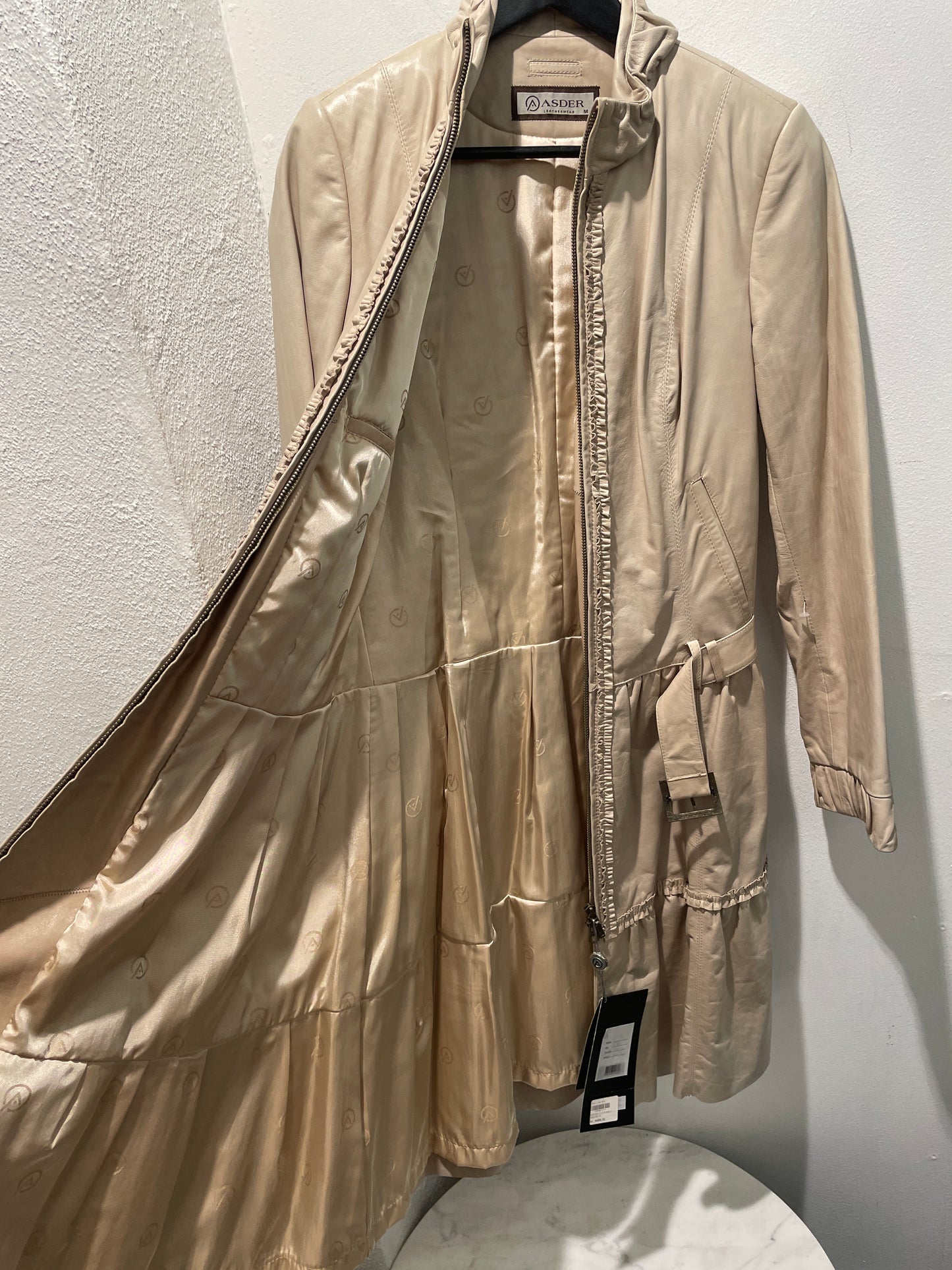 Brand New Beige Soft Leather Ruffled Trench Coat - M