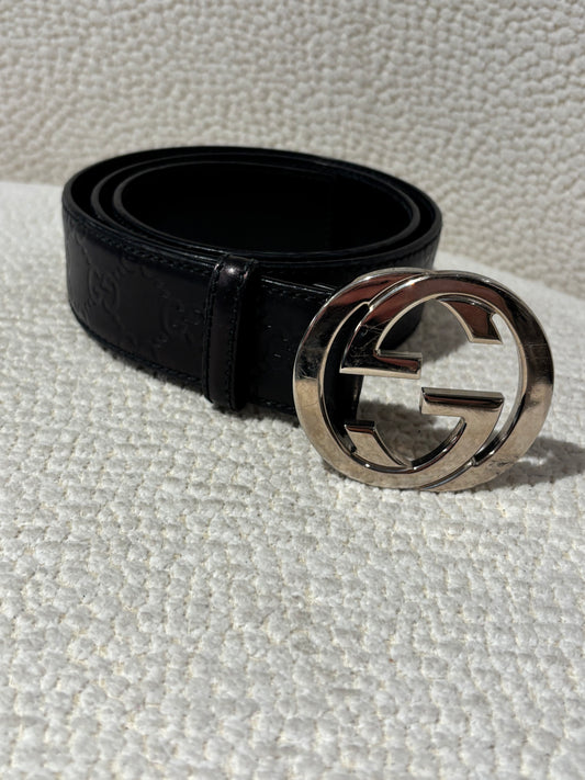 Gucci Belt - Black Leather Monogram & Silver Logo Buckle
