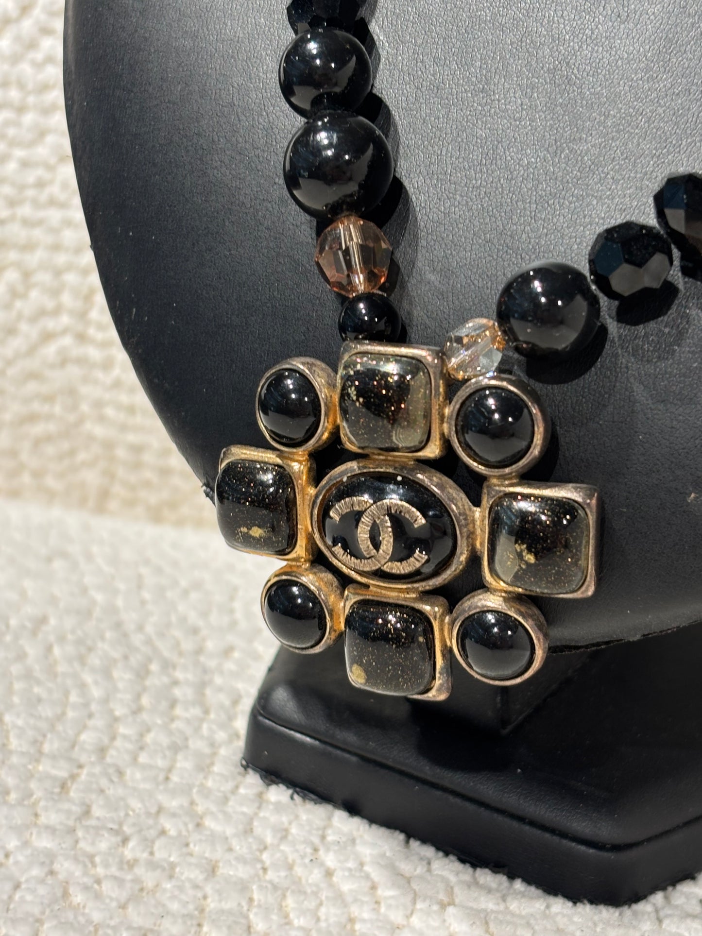 Chanel Camellia Statement Necklace – Black Beads with Gold-Tone CC Logo