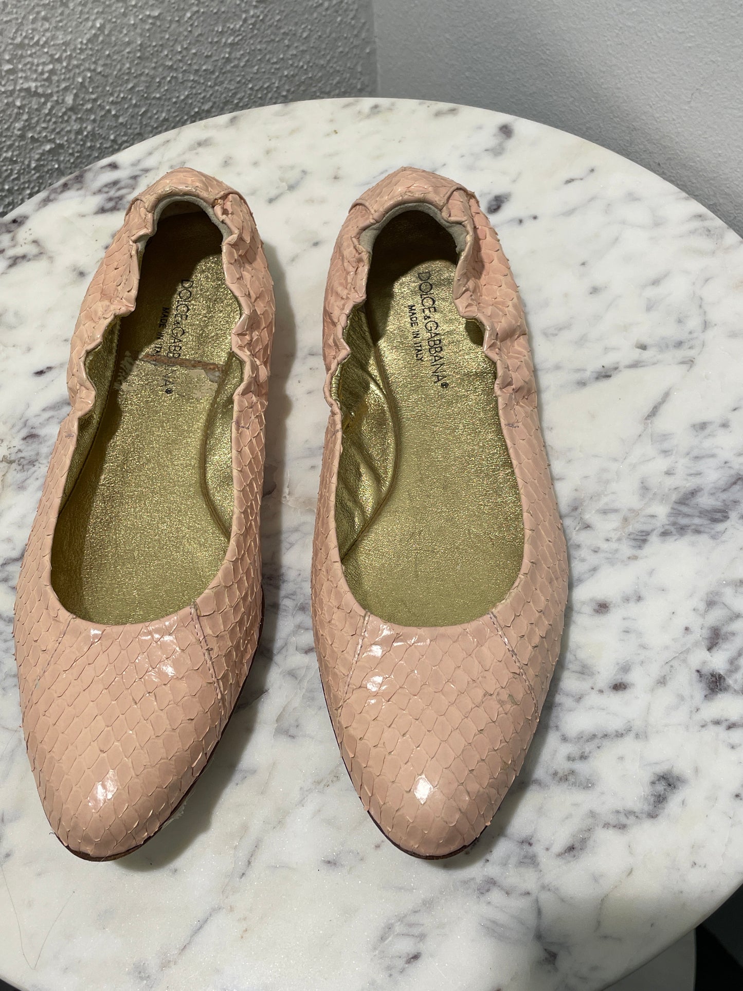 Dolce & Gabbana Pastel Pink Genuine Snakeskin Ballet Flats with Gold Insoles - EU38,5