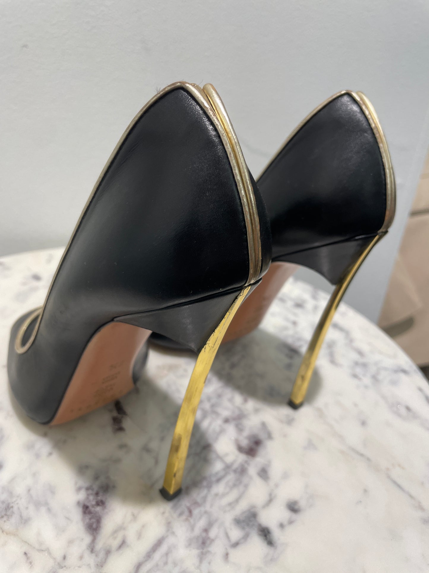 Casadei Black Leather 'Blade' Peep-Toe Pumps with Gold Trim & Heel - 37,5