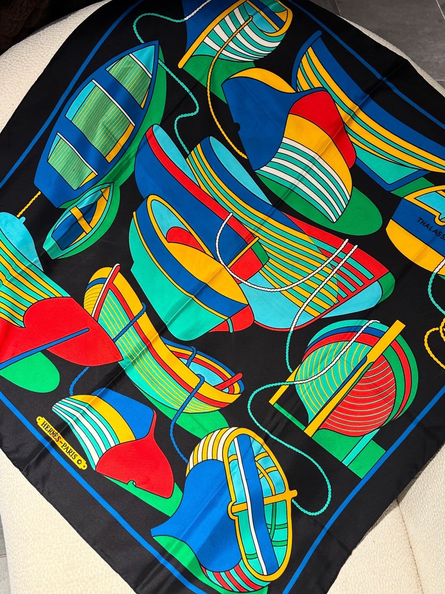 Vintage Hermés Silk Scarf - Black with Vibrant Boat Pattern
