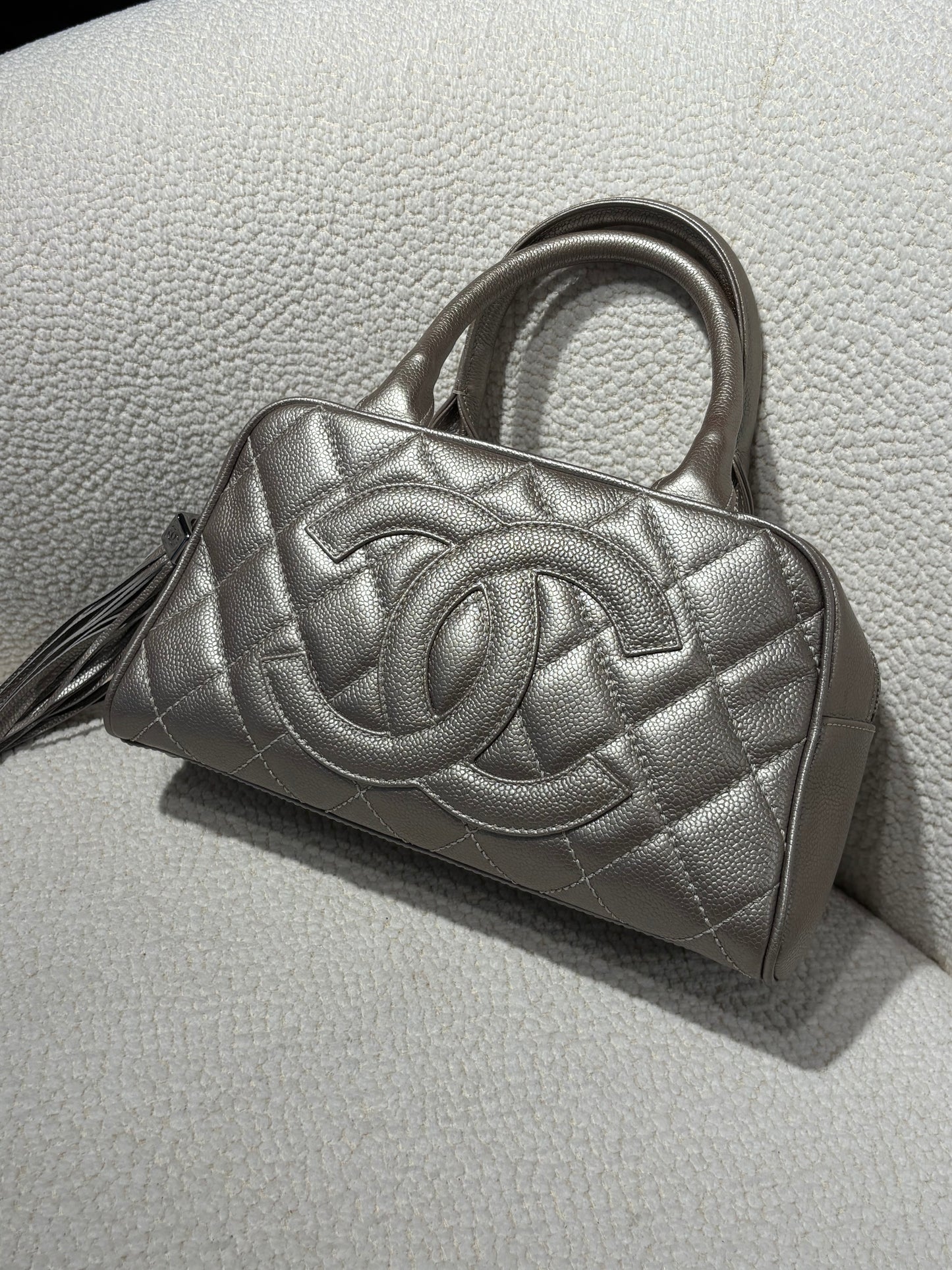 Chanel Boston Bag – Silver Caviar Leather & Silver Hardware