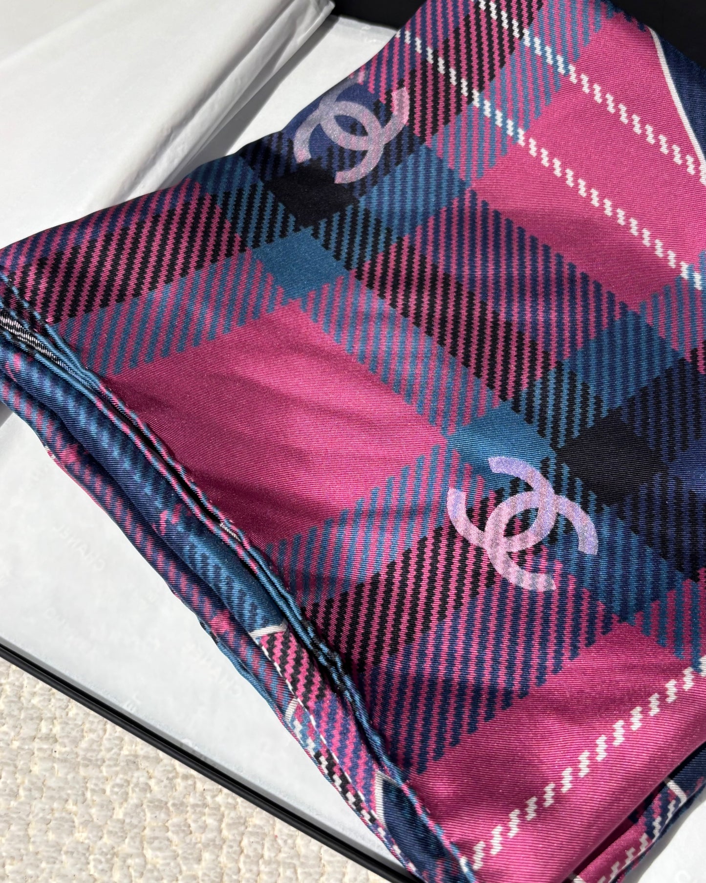 Chanel Scarf - Silk - Blue, Purple & Pink Plaid with Logos