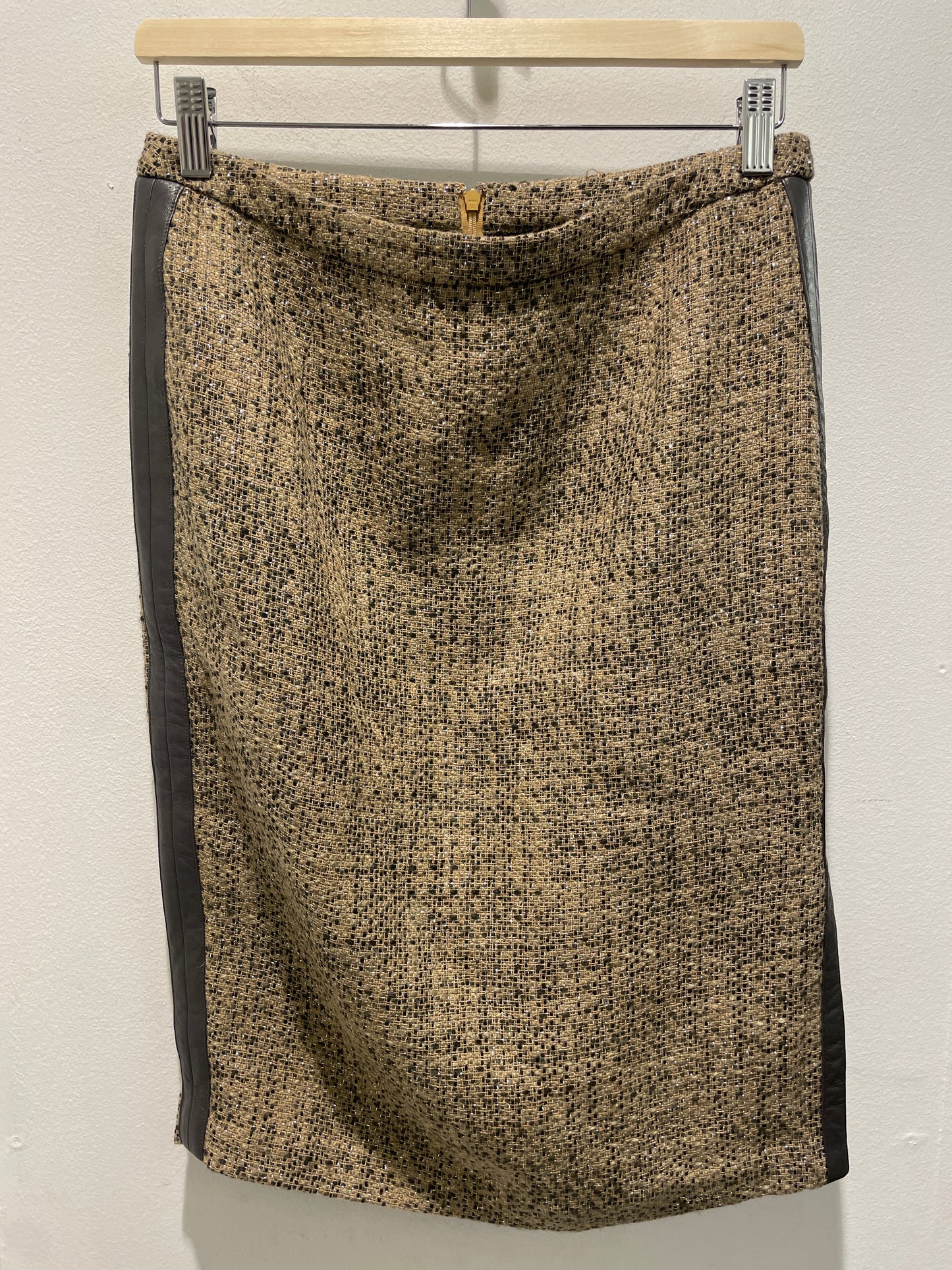 Malene Birger — Tweed Midi Skirt with Leather Panels and Gold Thread - Size EU 36