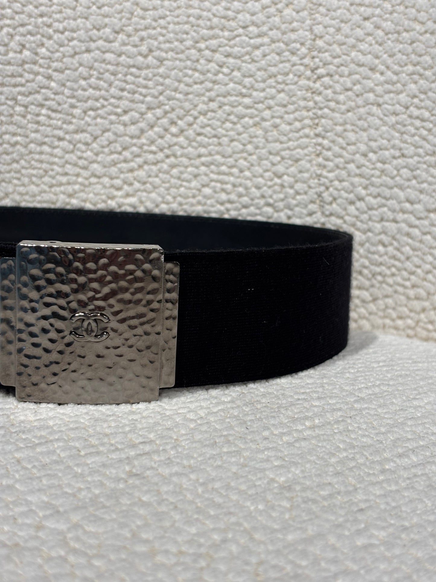 Chanel Belt – Black Canvas with Hammered Silver CC Buckle