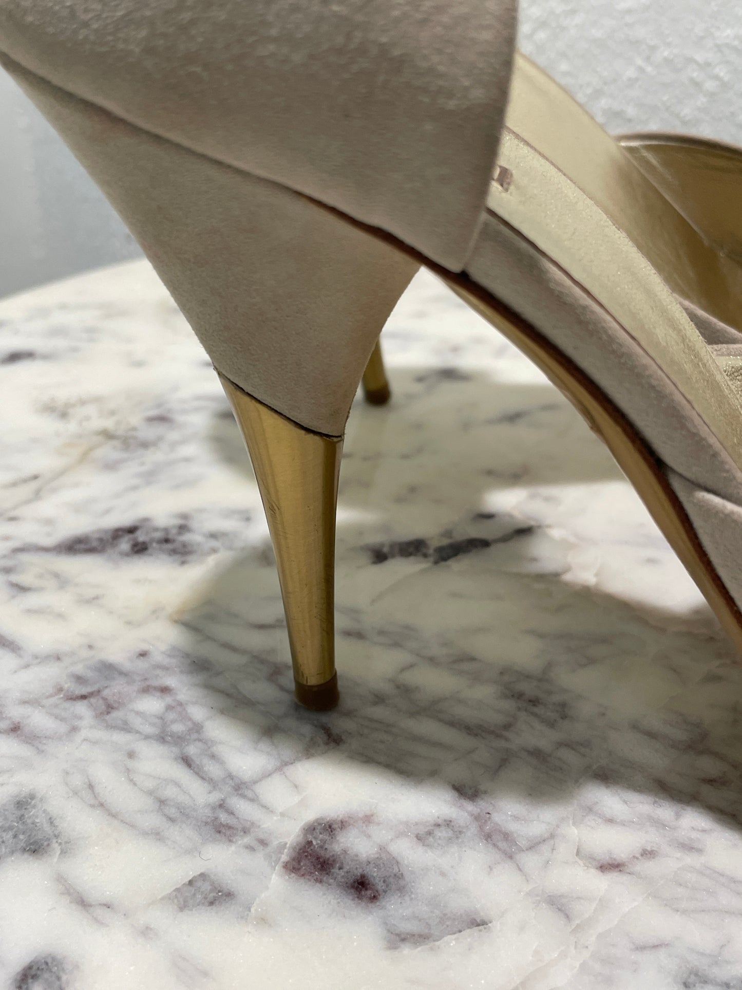Vintage Miu Miu Beige Suede Peep-Toe Pumps with Gold Heels - 39