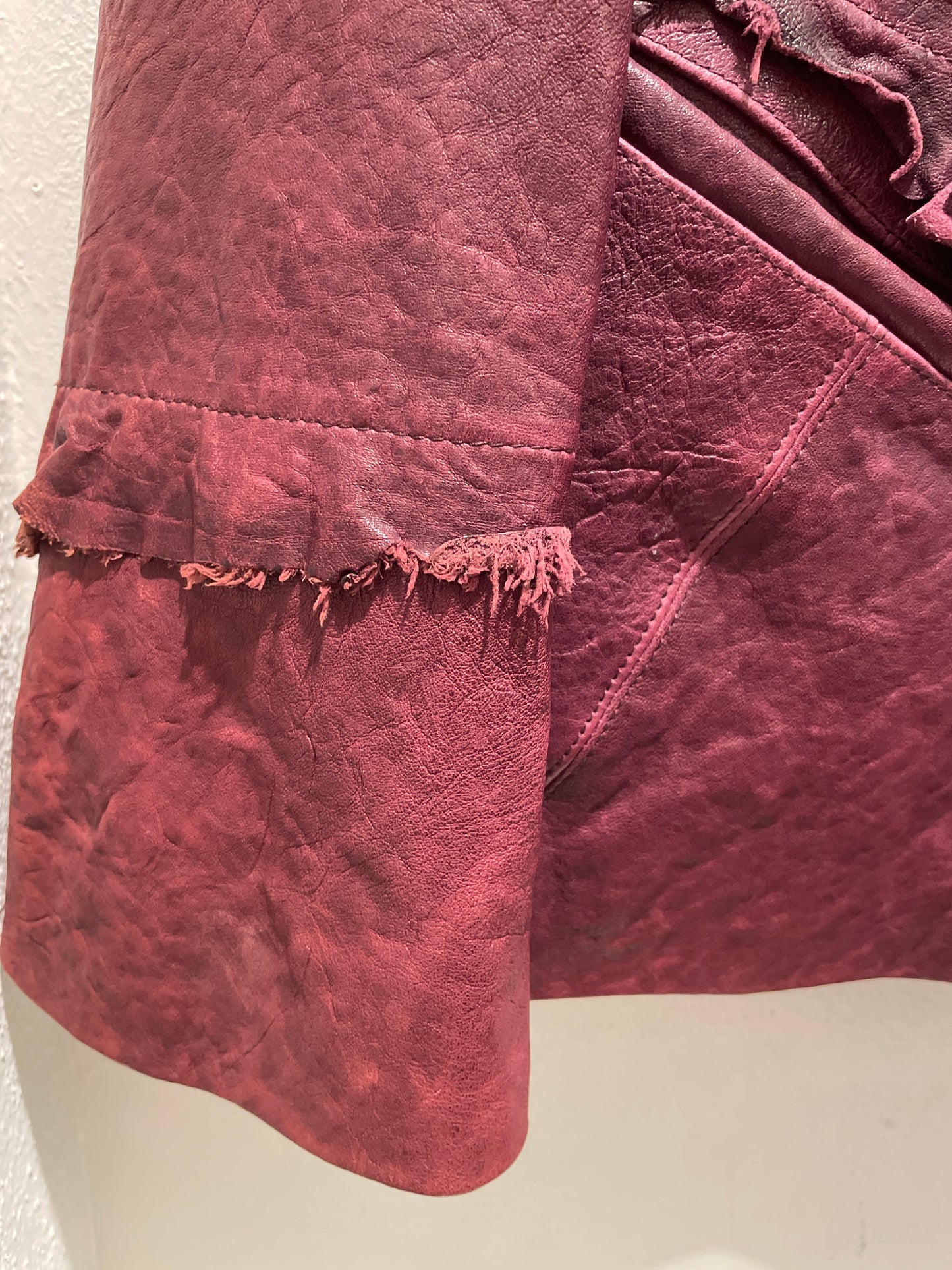 High-End Vintage-Look Distressed Burgundy Leather Blazer - XL