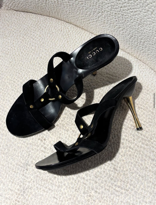 Gucci Heeled Sandals – Black Suede with Gold Metal Heel & Ring – EU 39.5