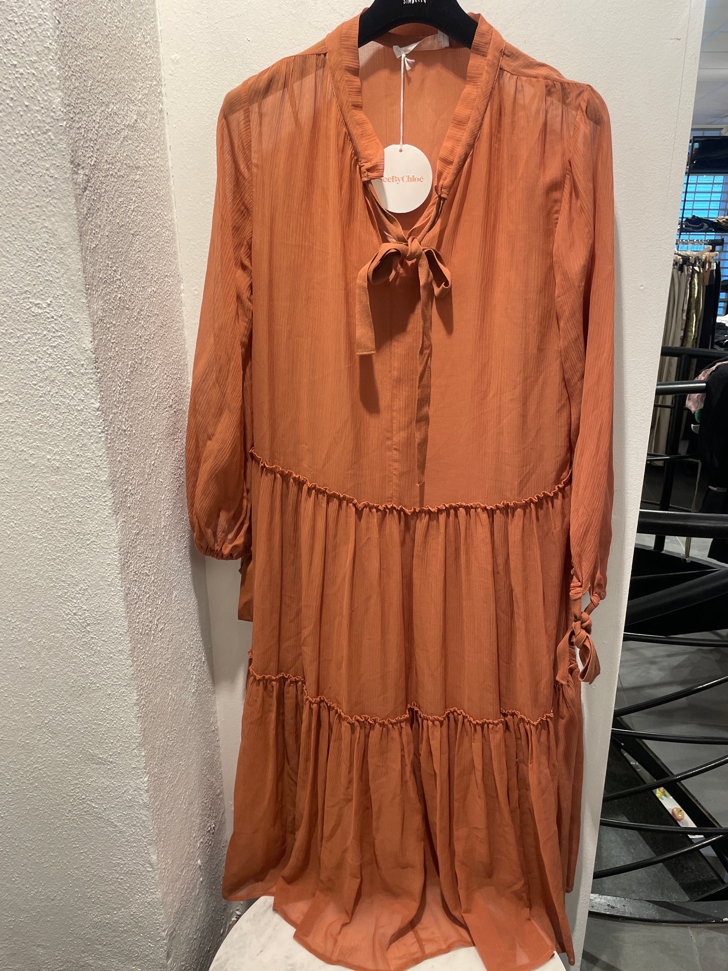 See by Chloé Tiered Chiffon Tie-Neck Midi Dress - M/L