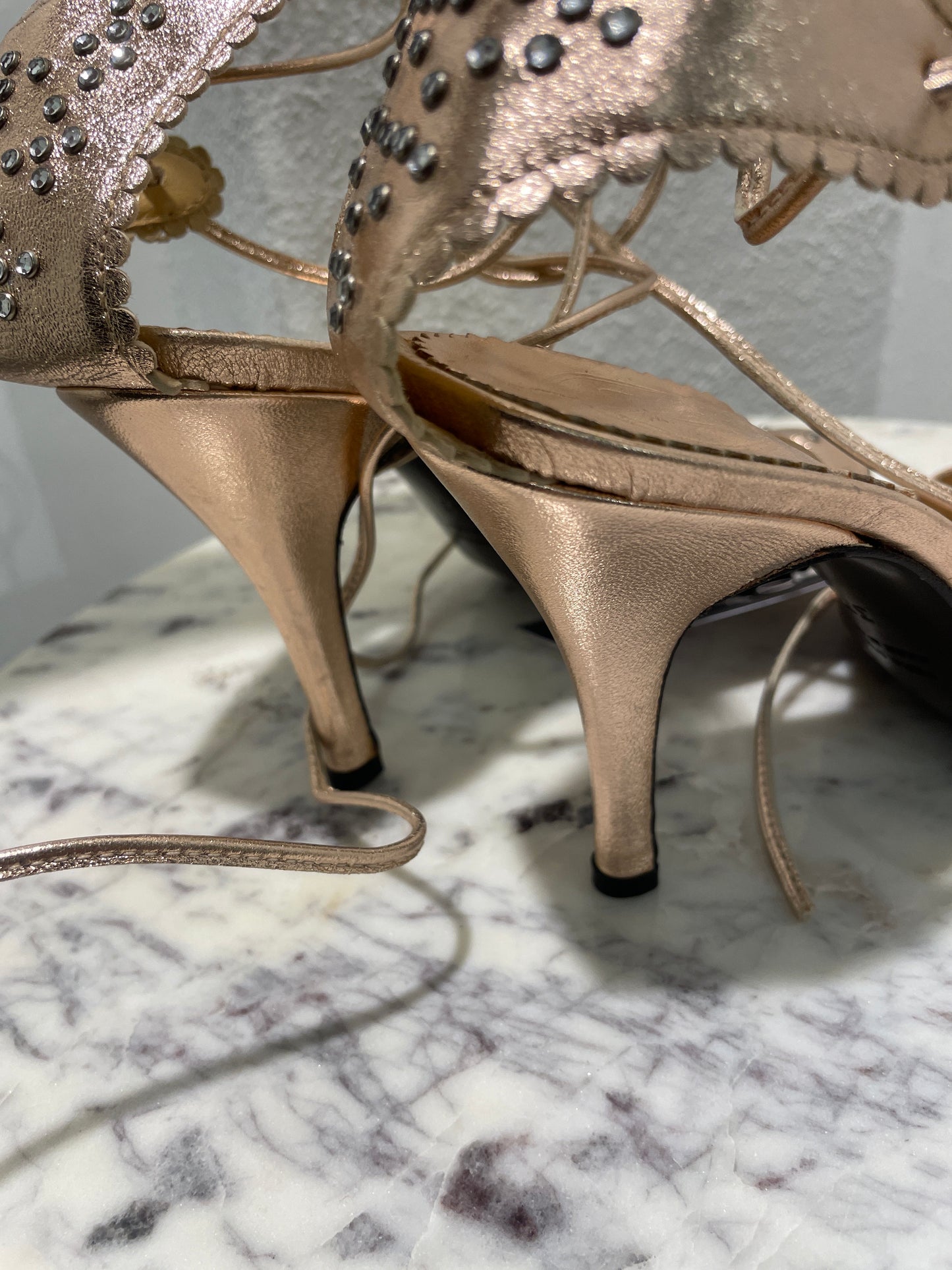 La Perla Metallic Rose Gold Studded Lace-Up Heeled Sandals – 37