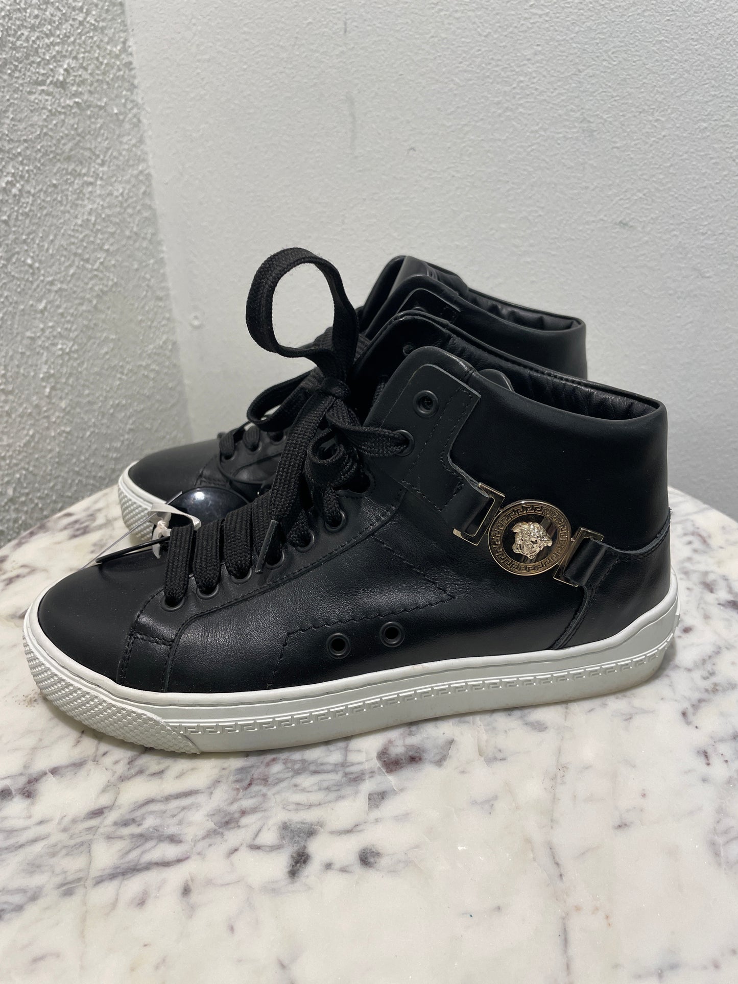 Authentic Versace Black Leather Medusa Head High-Top Sneakers - 36