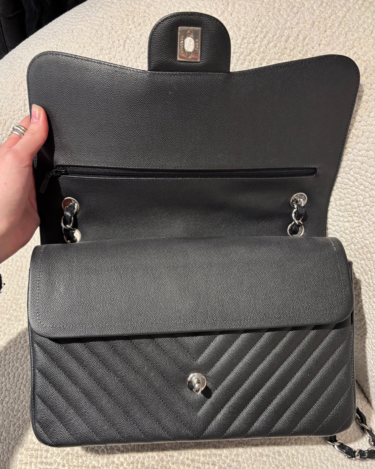 Chanel Classic Flap Bag Chevron - Jumbo - Black Caviar & Silver Hardware
