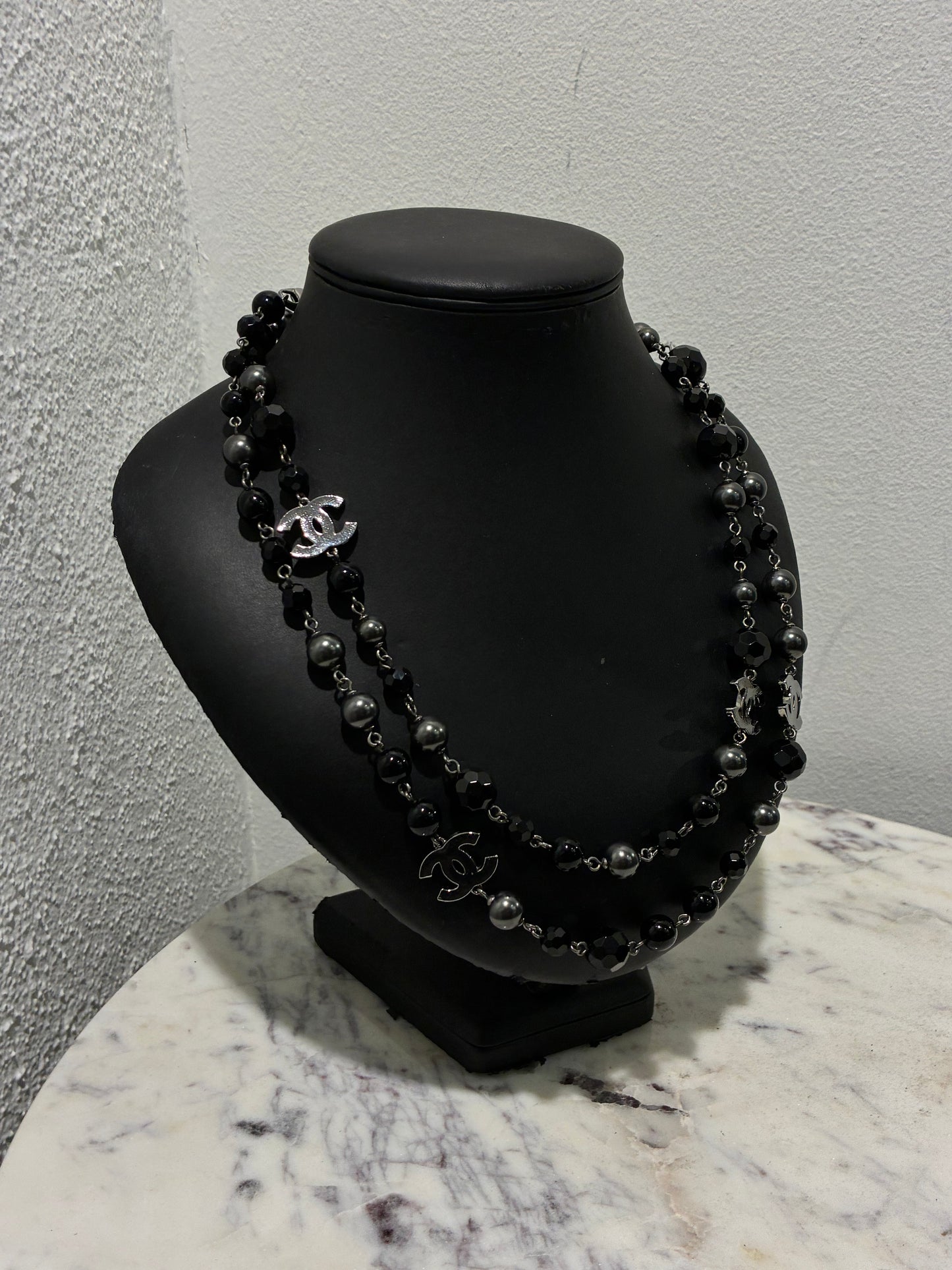 Chanel Beaded Necklace – Black Pearls & Oxidised Silver Logos