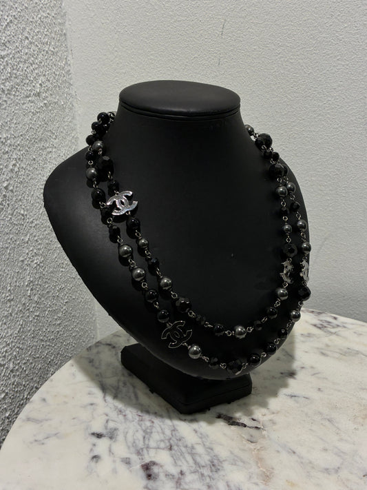 Chanel Beaded Necklace – Black Pearls & Oxidised Silver Logos