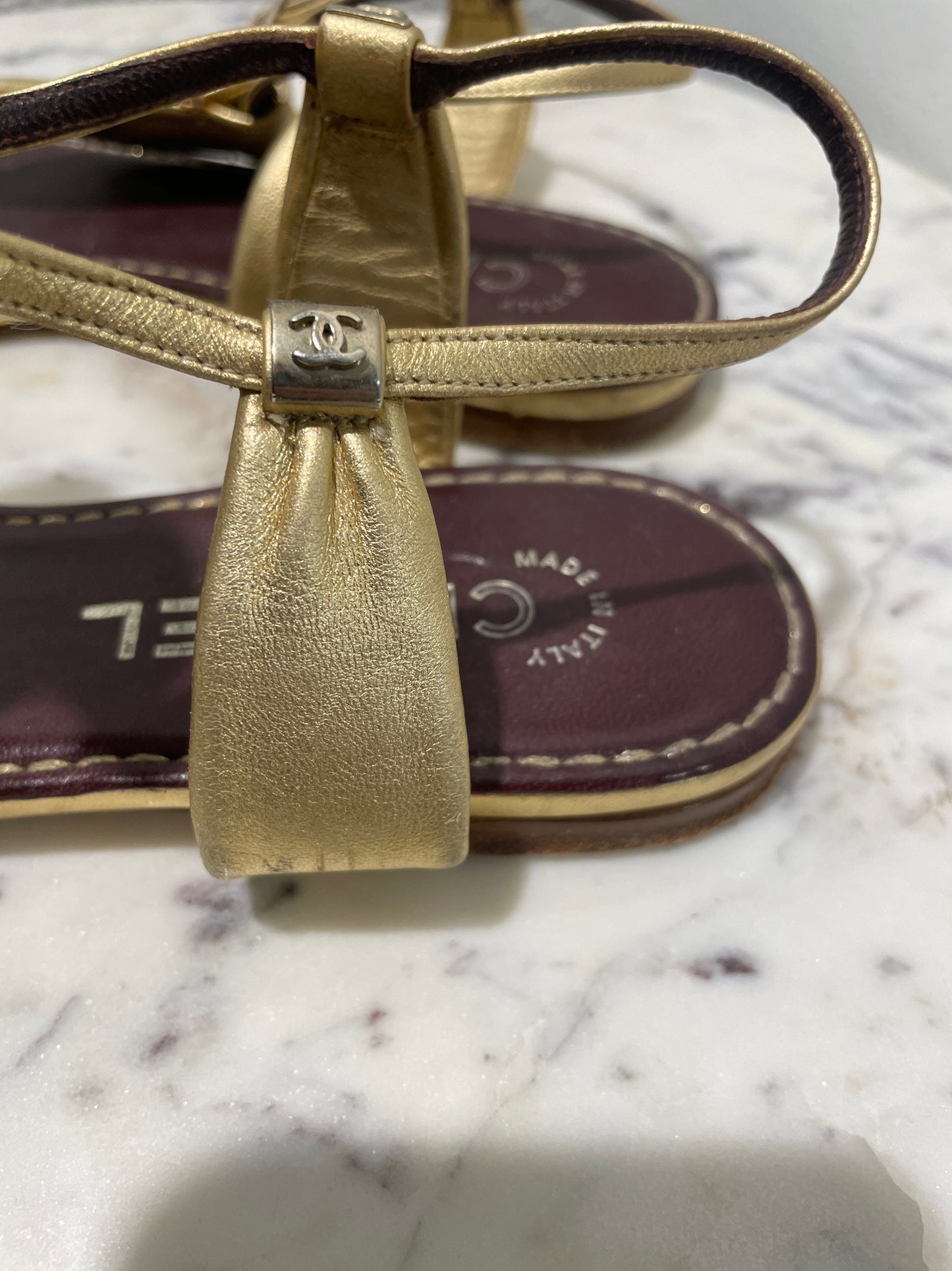 Chanel Metallic Gold Leather CC Sandals – 38