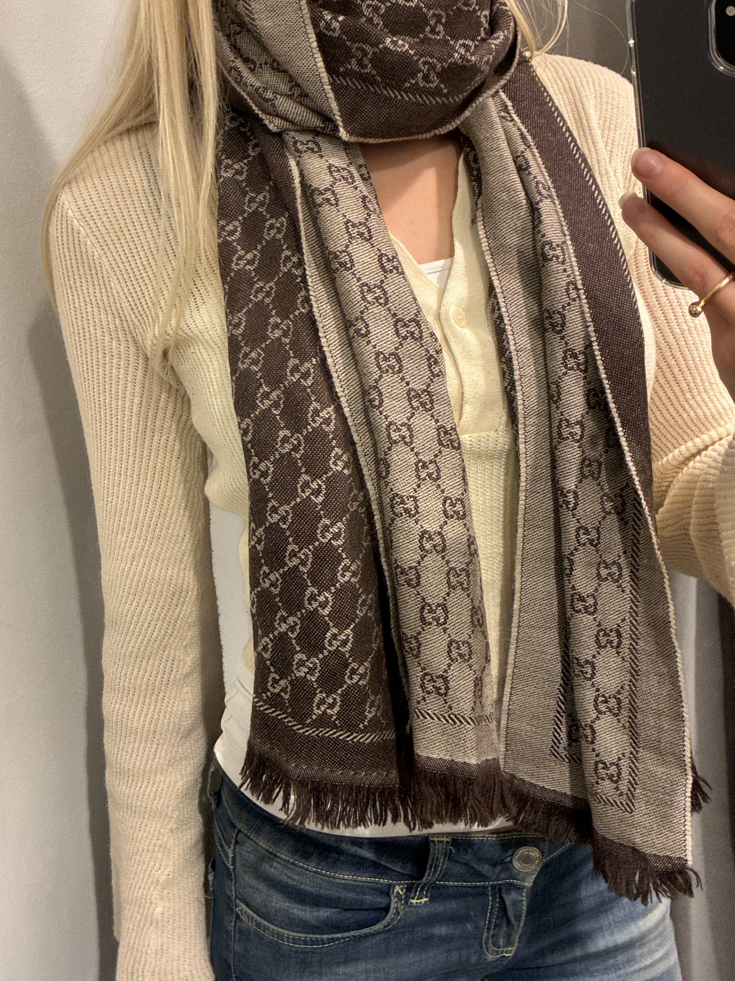Gucci Monogram Scarf - Brown & Light Grey/Taupe