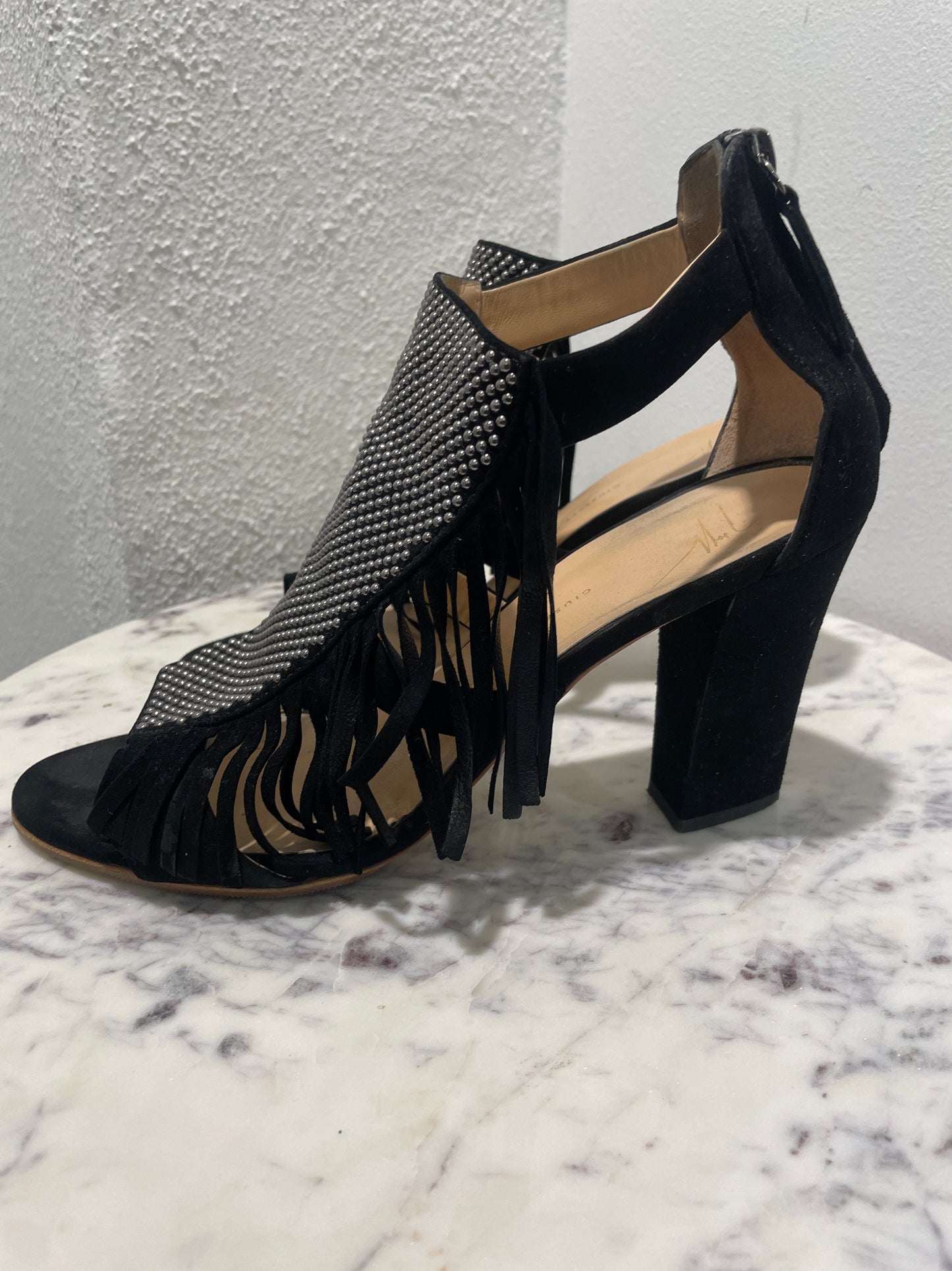 Giuseppe Zanotti Black Suede Studded Fringe Heeled Sandals - 40
