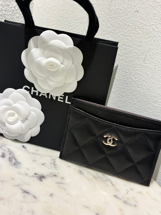 Chanel Cardholder - Black Lamsbkin & Silver Logo