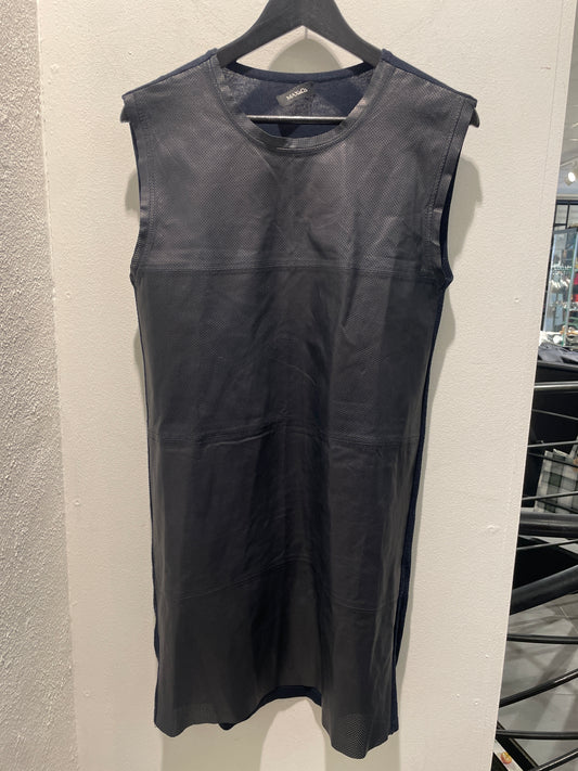 MAX&Co. — Navy Sleeveless Midi Dress in Faux-Leather and Knit - M