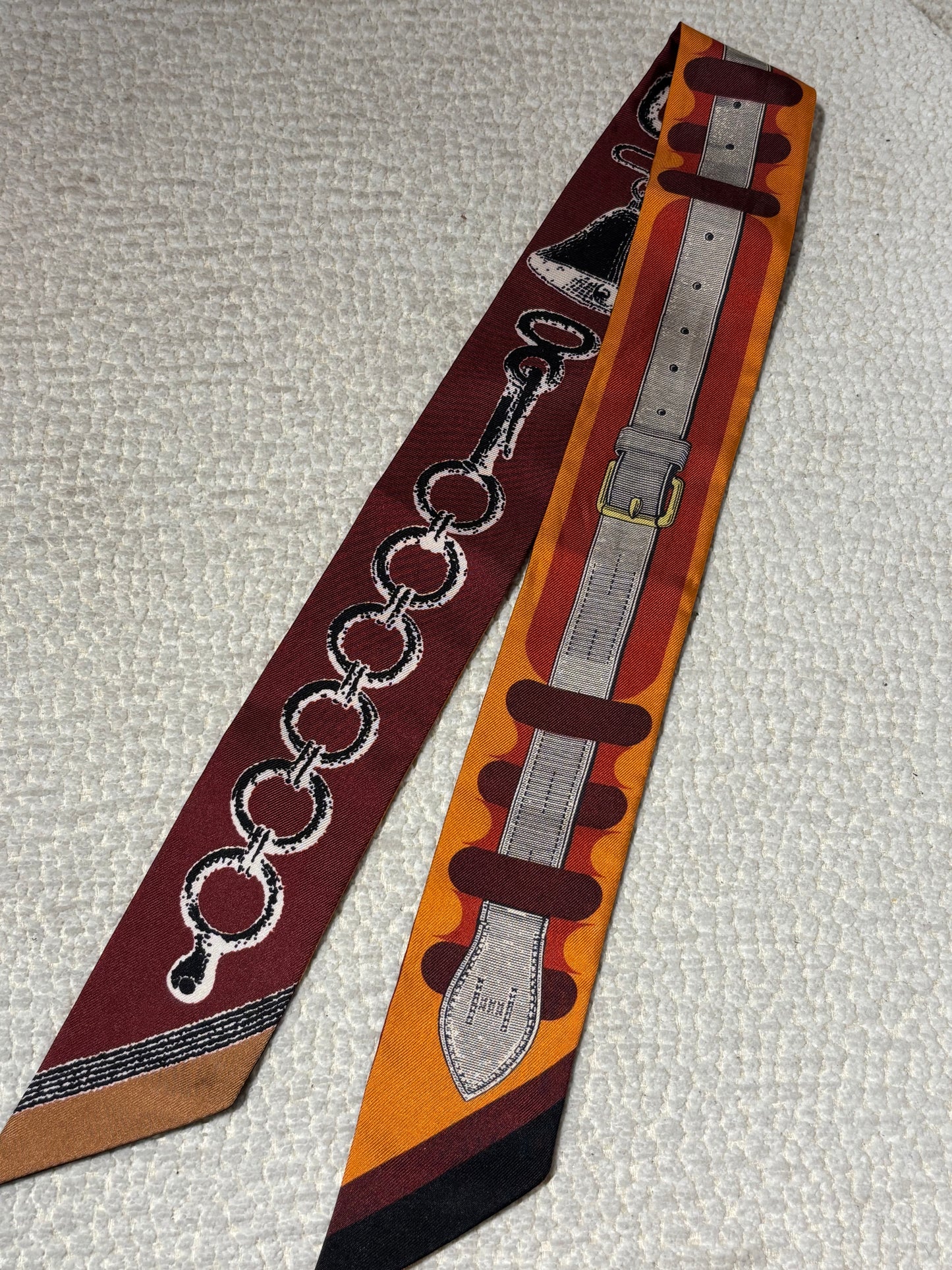 Hermés Silk Twilly - Burgundy & Orange with Horse Motif