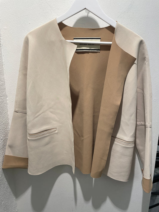 By Malene Birger Collarless Open-Front Knit Jacket – Oatmeal / Camel – Size EU38