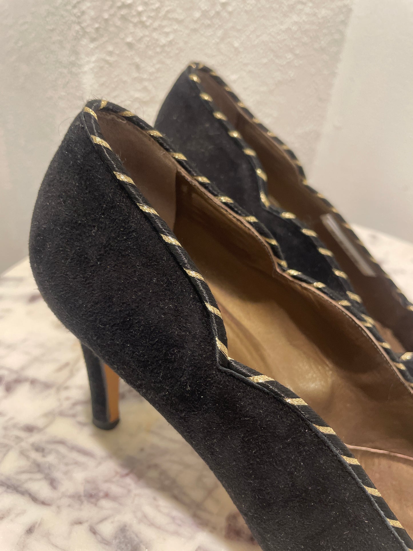 Vintage Yves Saint Laurent YSL Black Suede Scalloped Pumps with Gold Trim - 38,5