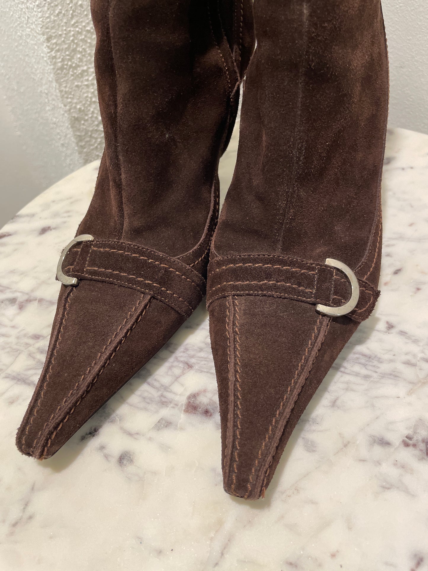 Unworn Vintage Sergio Rossi Brown Suede Pointed-Toe Boots with Box - 39