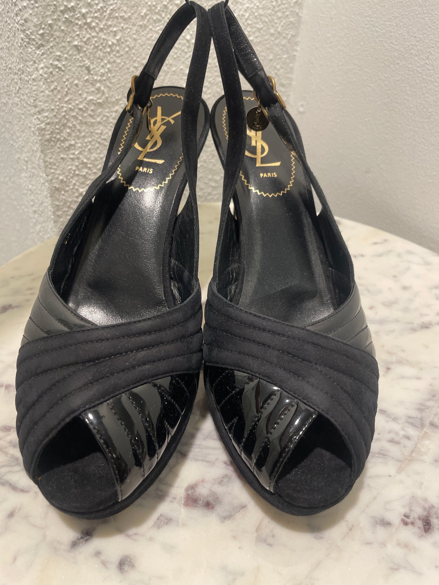 Vintage Yves Saint Laurent YSL Black Suede & Patent Leather Slingback Platform Heels - 39,5
