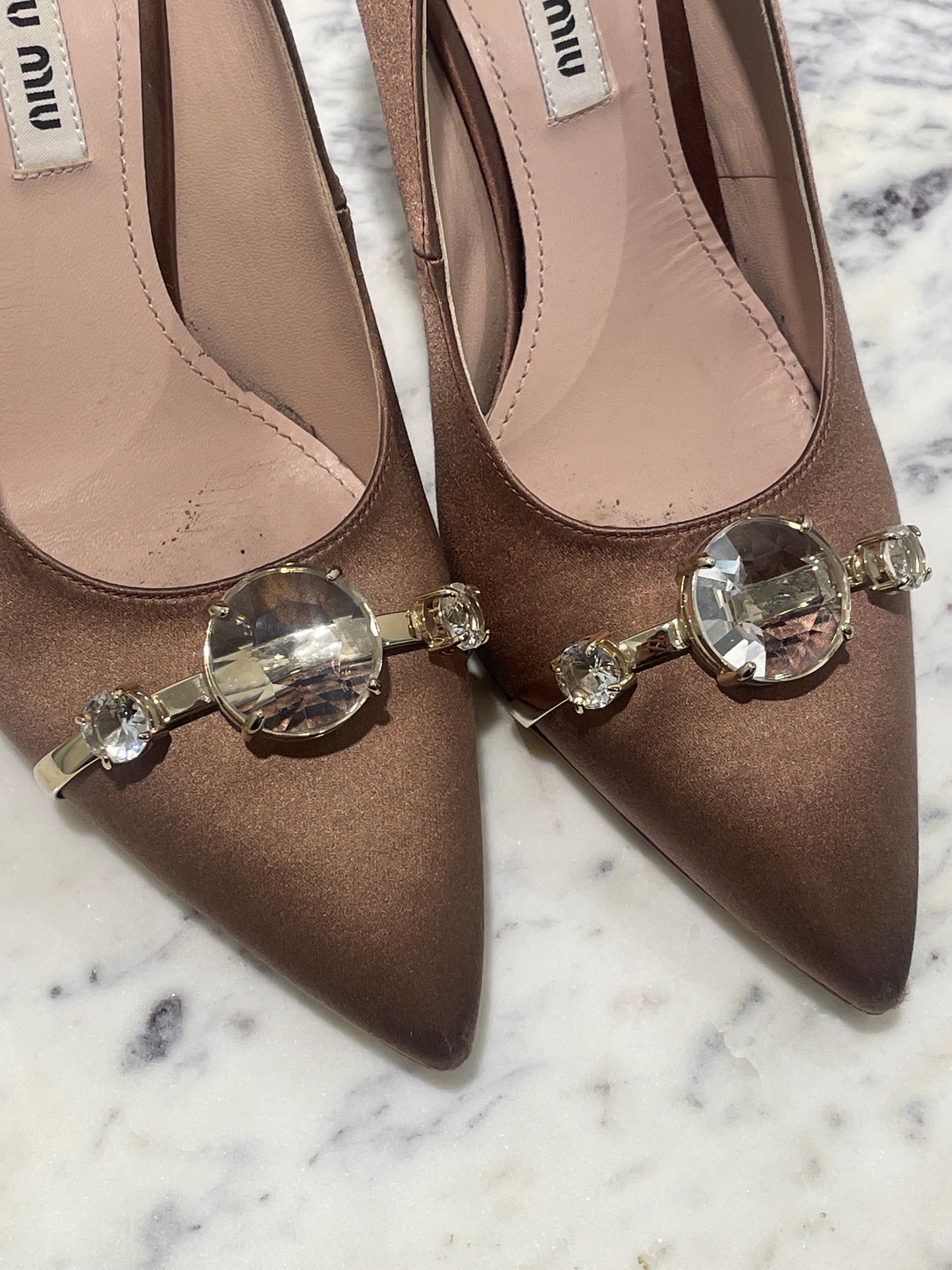 Miu Miu Crystal Embellished Satin Pumps - 38