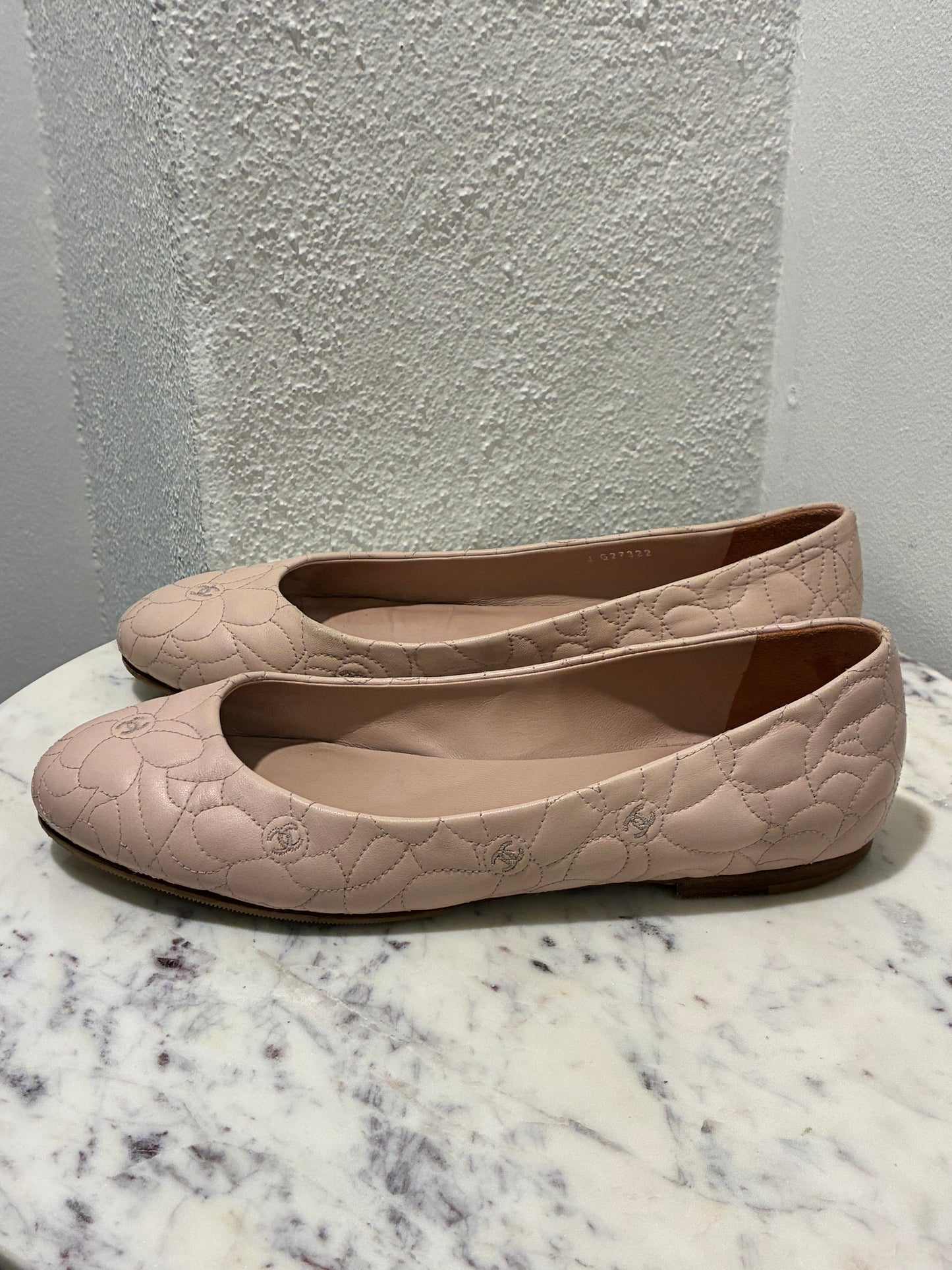 Chanel Ballerina Flats – Blush Leather with Camelia Print & Logos – EU 40.5