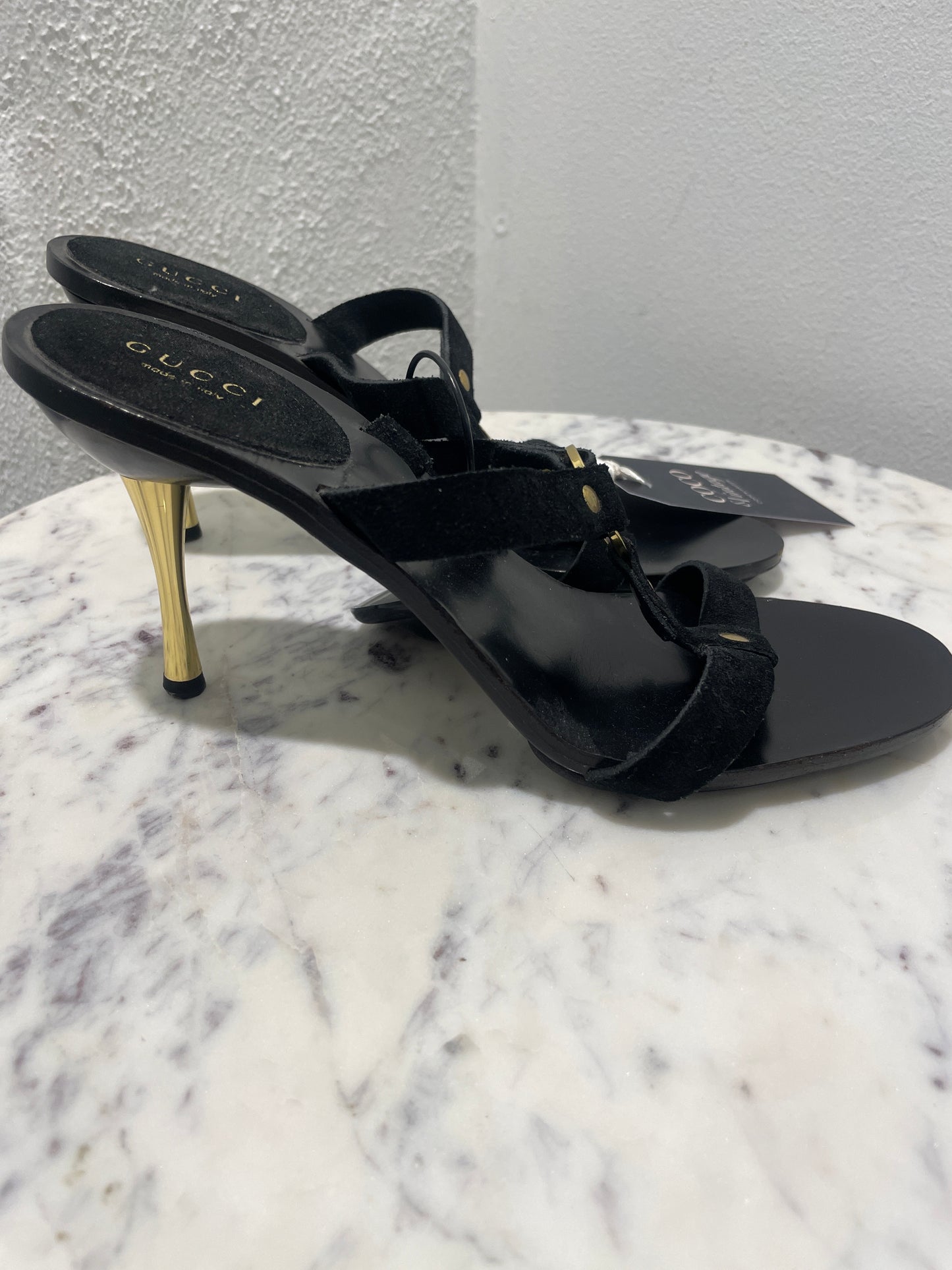 Gucci Black Suede Gold O-Ring Mule Sandals – EU 36.5C