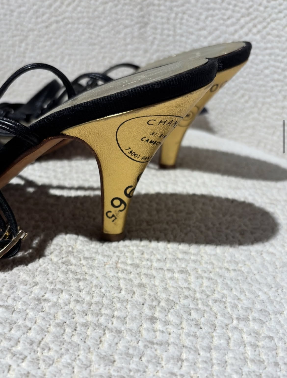 Chanel Slingback Heels – Black & Gold Lambskin with Graphic Heel Details - EU 38