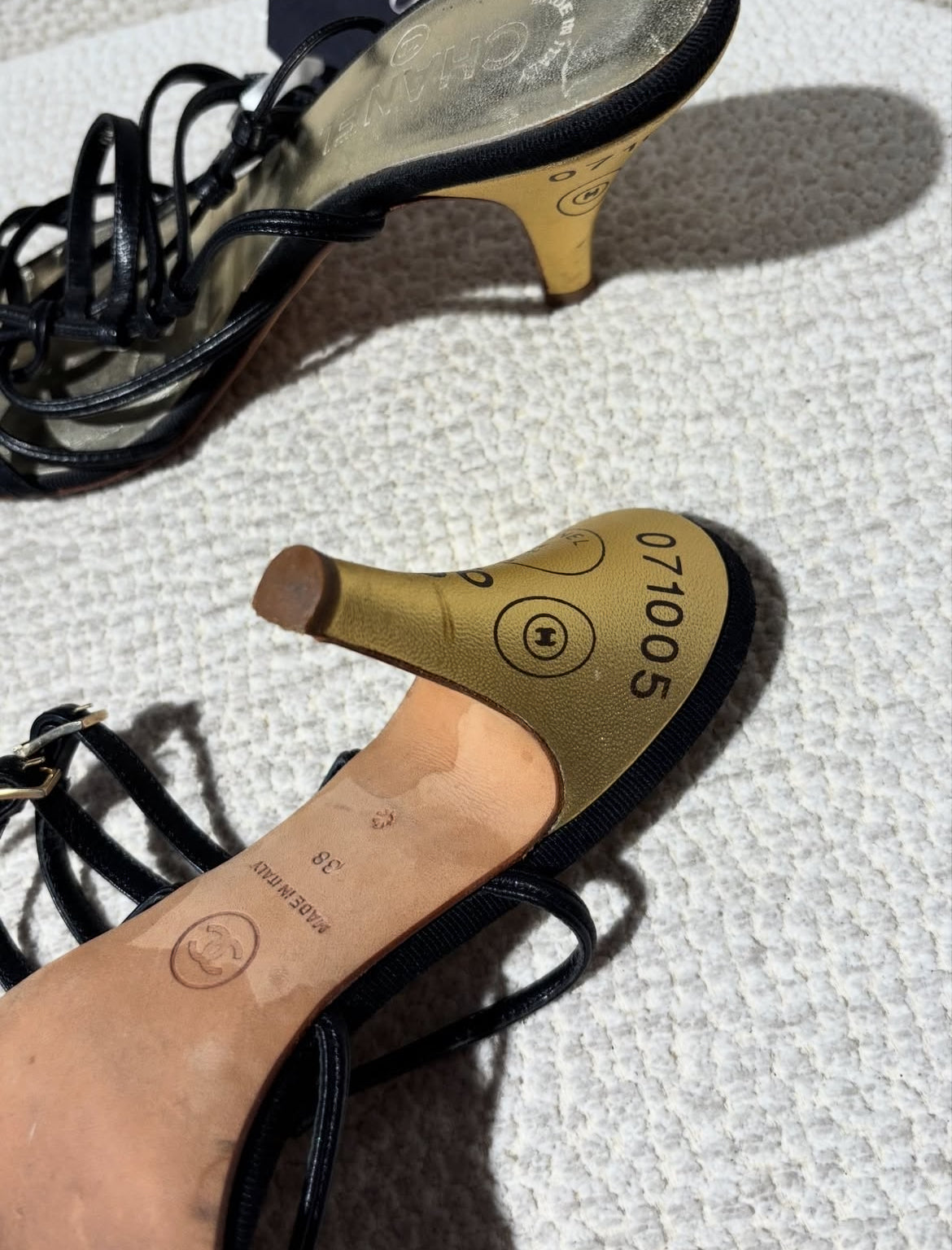 Chanel Slingback Heels – Black & Gold Lambskin with Graphic Heel Details - EU 38