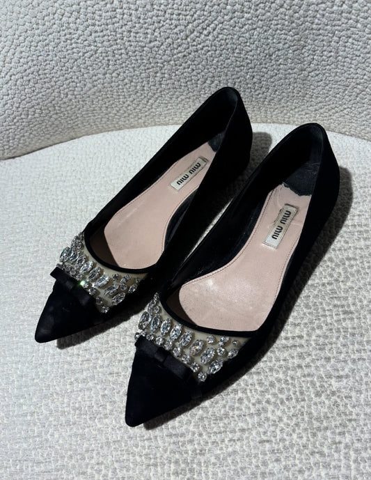 Miu Miu Ballerina - Black suede w. rhinestones  -