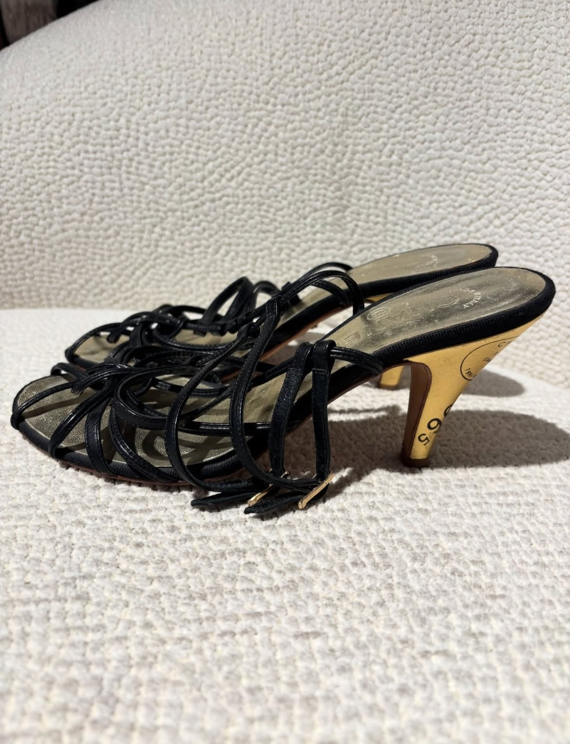 Chanel Slingback Heels – Black & Gold Lambskin with Graphic Heel Details - EU 38