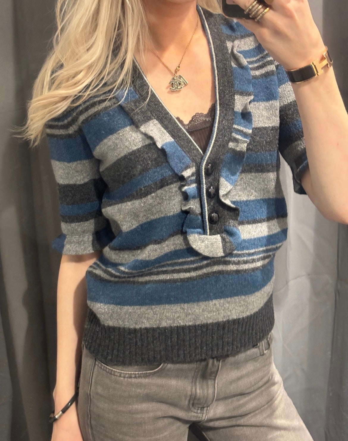 Saint Laurent Knit Top – Blue & Grey Tones with Statement Buttons - Size S-M
