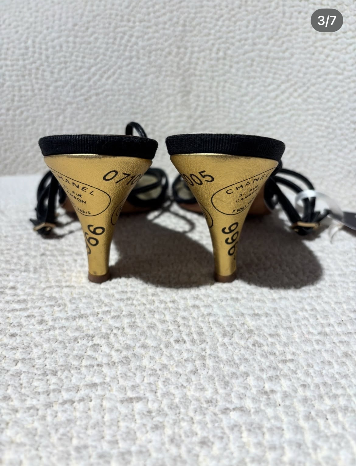 Chanel Slingback Heels – Black & Gold Lambskin with Graphic Heel Details - EU 38