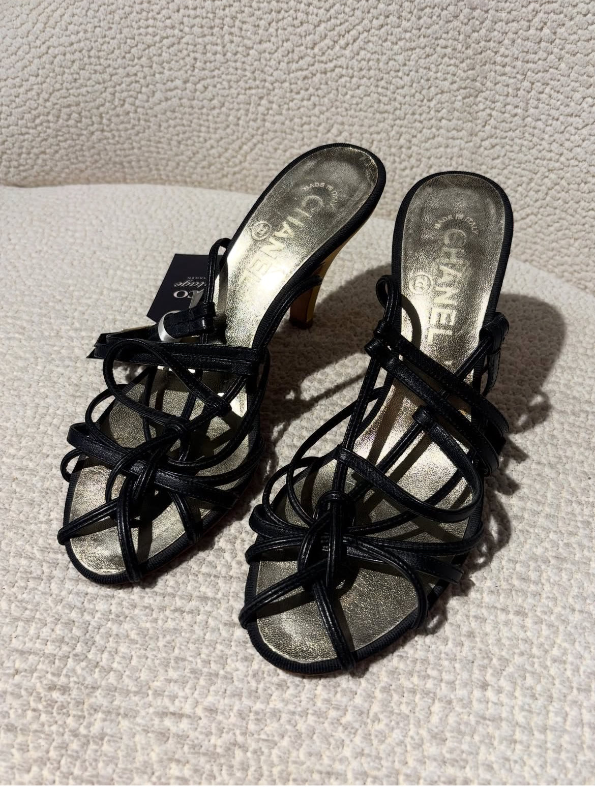 Chanel Slingback Heels – Black & Gold Lambskin with Graphic Heel Details - EU 38