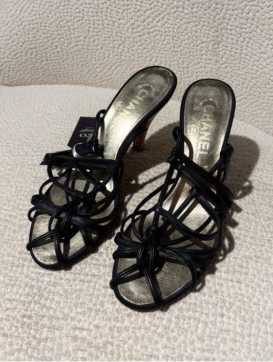Chanel Slingback Heels – Black & Gold Lambskin with Graphic Heel Details - EU 38