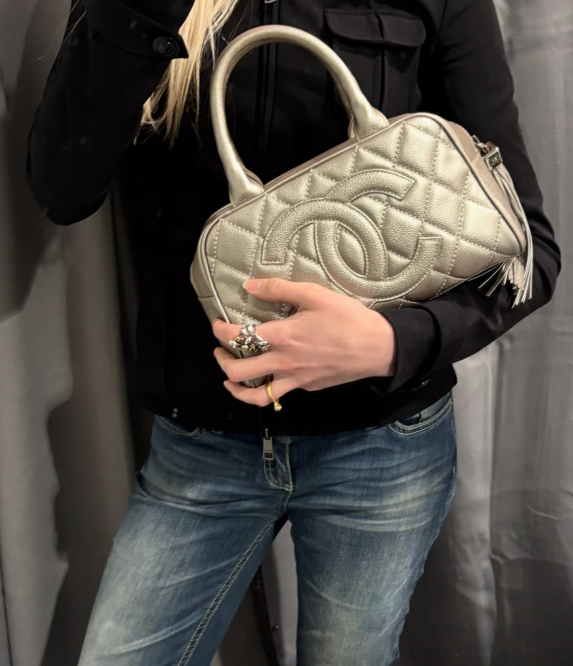Chanel Boston Bag – Silver Caviar Leather & Silver Hardware
