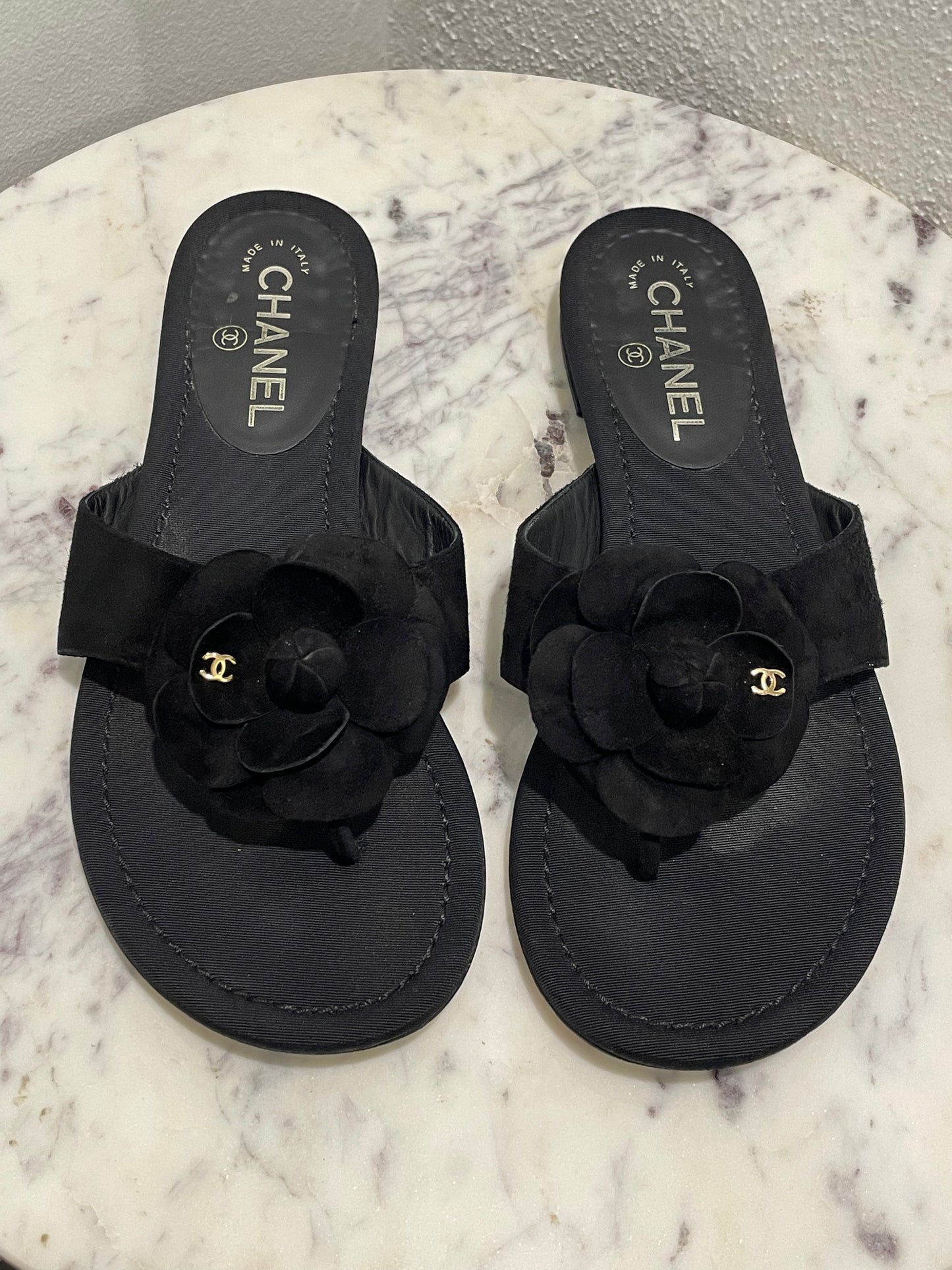 Chanel Camellia Suede and Satin Thong Sandals - 39,5