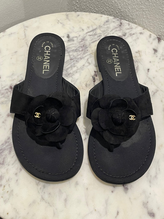 Chanel Camellia Suede and Satin Thong Sandals - 39,5