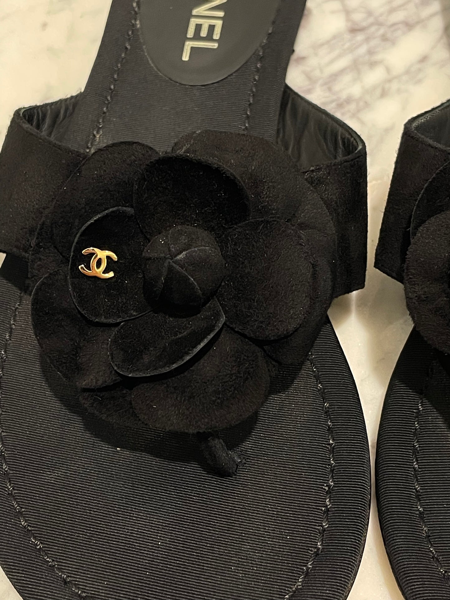 Chanel Camellia Suede and Satin Thong Sandals - 39,5