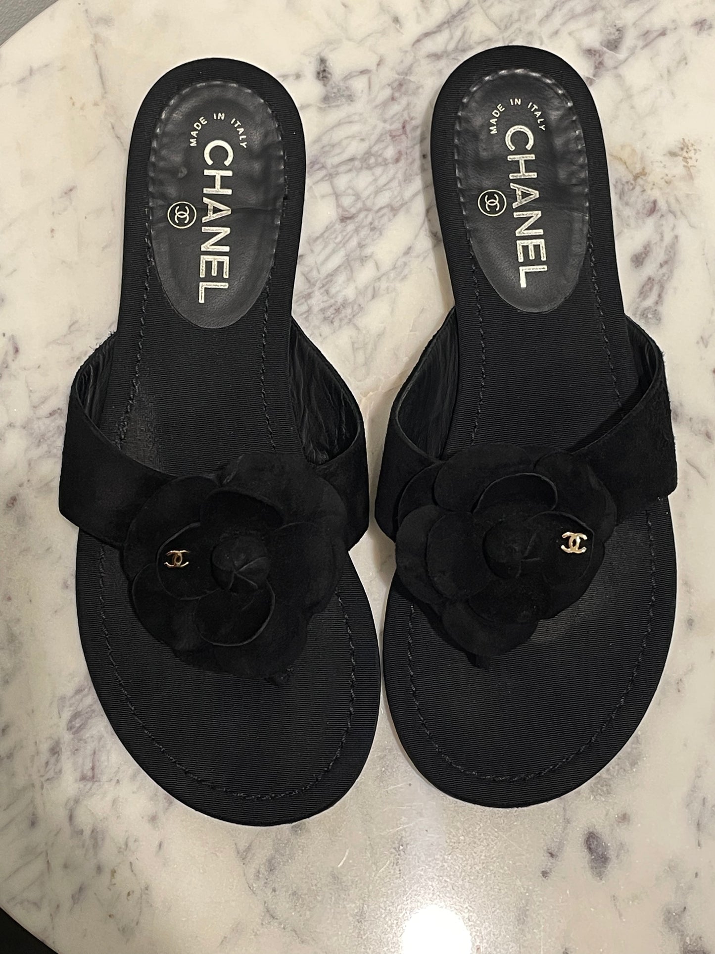 Chanel Camellia Suede and Satin Thong Sandals - 39,5