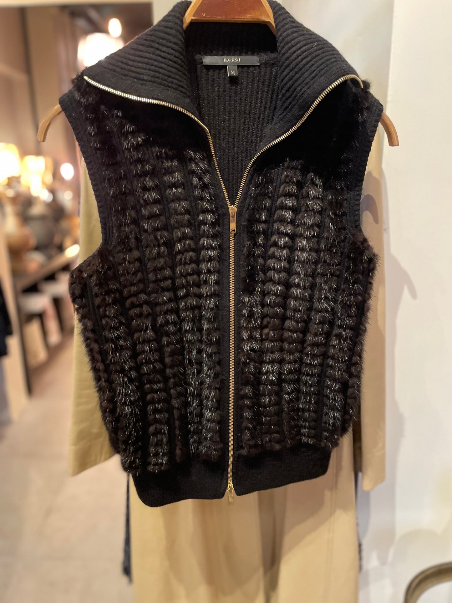 Gucci Vest - strikket kamel-uld & klippet mink - str. M