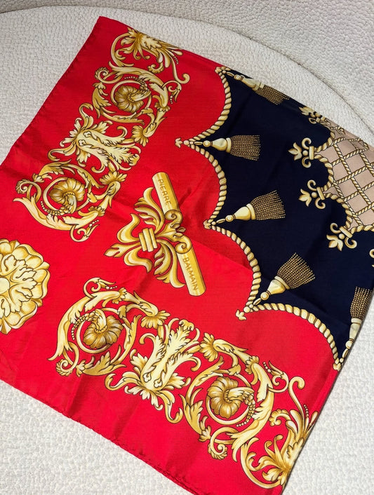 Balmain Silk Scarf - Red & Blue w. gold