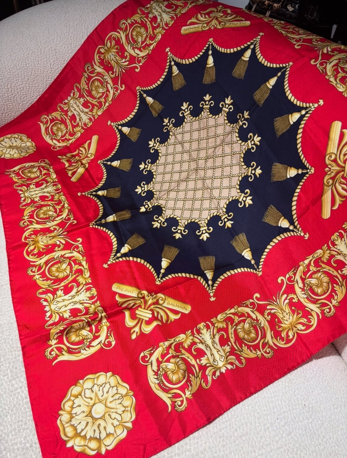 Balmain Silk Scarf - Red & Blue w. gold